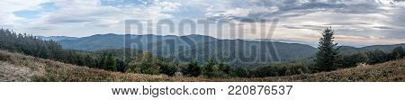 wild Biesczady mountains panorama with mountain meadow and hills covered by deep forests from Fereczata hill in southeastern Poland near borders with Slovakia and Ukrajine