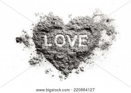 Love heart drawing in ash, sand, dust as romantic emotion or broken feeling conccept, emotional pain, danger, fire
