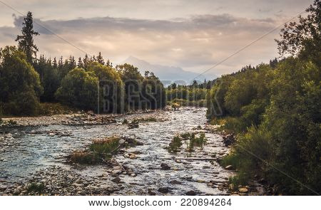 Bela River with Krivan Peak in Background in Slovakia