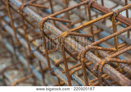 Wire, Rebar tie wire. Steel bars reinforcement on a construction site.