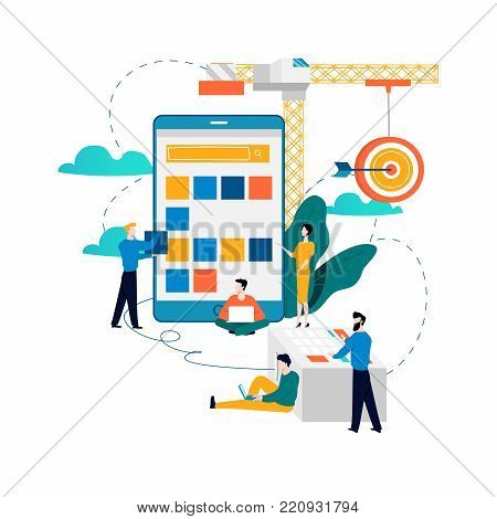 Mobile application development process flat vector illustration. Software API prototyping and testing background. Smartphone interface building process, mobile app building concept