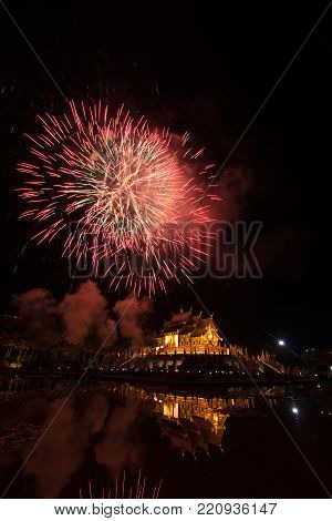 Fireworks Celebrate The New Year 2018 At Rajapruek Royal Park, Chiang Mai With Beutiful Light Of Hor