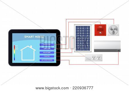 Smart house administration. The control device vector illustration. Ventilation, fire alarm, solar panel, lighting, air conditioning.