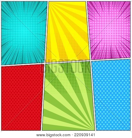 Comic book light background of six templates with rays, radial, dotted and halftone effects in turquoise yellow pink red green blue colors. Vector illustration