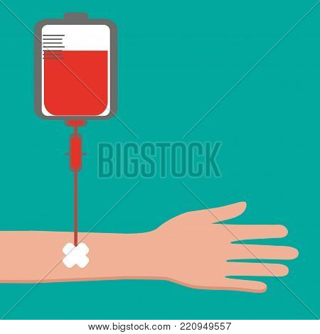 Blood transfusion in the hand on a green background