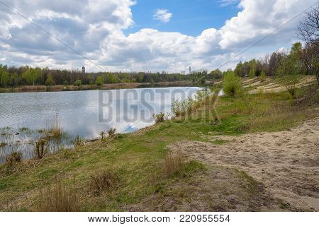 Spring view of the Borki lake on the border between Sosnowiec and Katowice cities, Poland