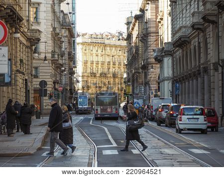 TURIN, ITALY - CIRCA JANUARY 2018: Via Pietro Micca street