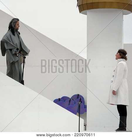 ST. PETERSBURG, RUSSIA - JULY 12, 2017: Actors perform the opera Ruslan and Lyudmila outdoors during the festival All Together Opera. It was first of 4 performances