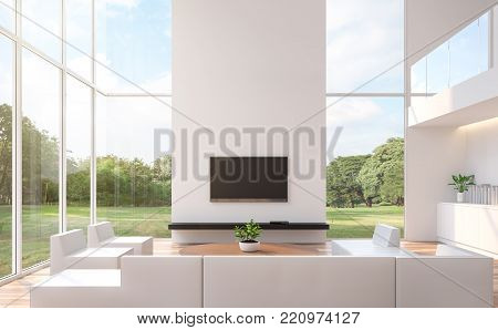 Modern white  living room with nature view 3d rendering image.The room has wooden floor and white wall.furnished with white leather furniture.There are large windows look out to see the nature