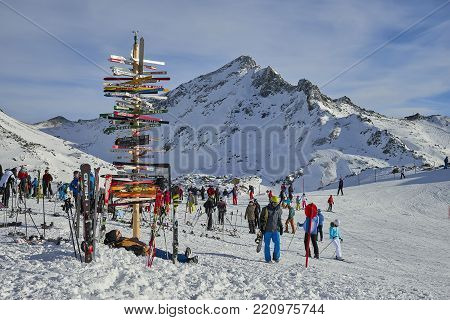 Ischgl, Austria - December 31, 2017:  Direction sign at ski resort in the Austrian Alps, Ischgl