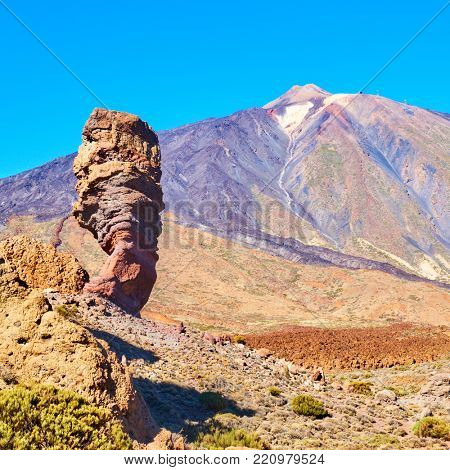 Classic view of The Teide and The Cinchado rock in Tenerife, The Canaries   