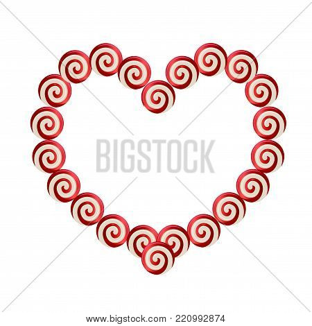 Red and white heart shaped frame made of lolipops with space for text for Valentine's Day or wedding design. Vector illustration, border, love tempate, isoated on white background.
