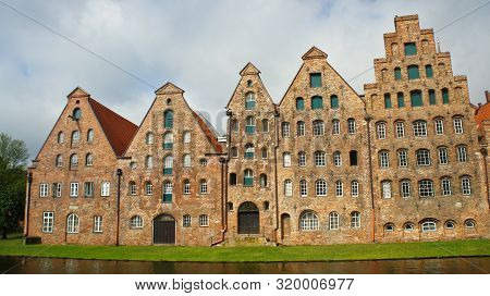 Scenic View Of Salzspeicher Brick Warehouses In Old Town, Beautiful Architecture, Sunny Day, Lubeck,