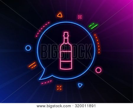 Brandy Bottle Line Icon. Neon Laser Lights. Whiskey Or Scotch Alcohol Sign. Glow Laser Speech Bubble