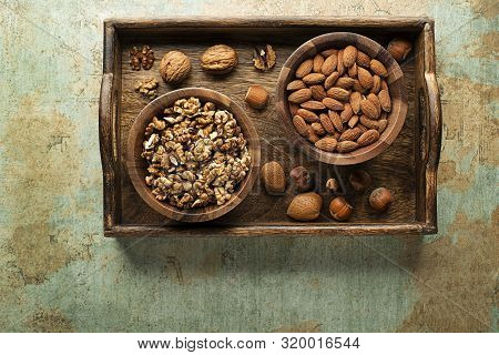 Assortment Of Mixed Nuts. Hazelnuts, Walnuts And Almonds