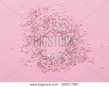 Pink And White Edible Pearlized Sprinkles On Pink Background - Cake Topping Pearly Pink With Flower 