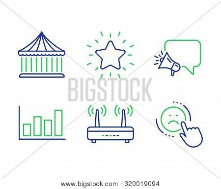 Carousels, Report Diagram And Megaphone Line Icons Set. Wifi, Rank Star And Dislike Signs. Attractio