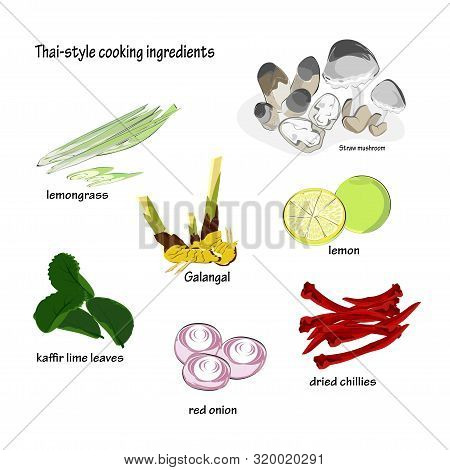 Thai Food Seasonings (tom Yum), Mushrooms, Lemongrass, Red Onion, Kaffir Lime Leaves, Dried Chilies,