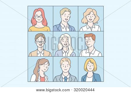 Team, Teamwork, Cooperation, Partnership, Concept. Smiling Business Women And Men Face Collage, Grou