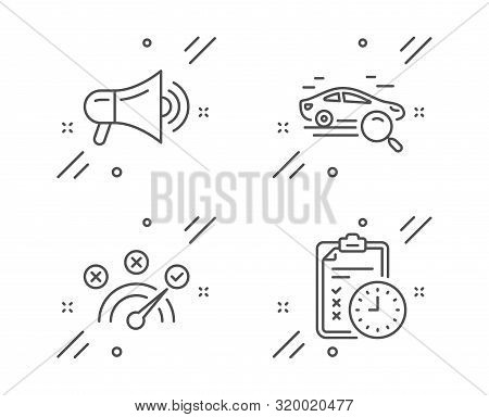 Correct Answer, Search Car And Megaphone Line Icons Set. Exam Time Sign. Speed Symbol, Find Transpor