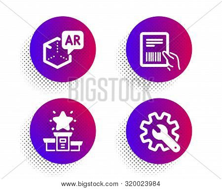 Parcel Invoice, Winner Podium And Augmented Reality Icons Simple Set. Halftone Dots Button. Customis