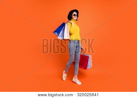 Fulll Length Body Size Photo Of Kind Rejoicing Overjoyed Girl Customer Who Just Went Out Of Shopping