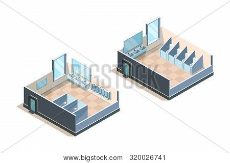 Public Toilet. Isometric Washroom For Male And Female People Modern Sink Vector Illustrations. Toile