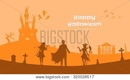 Halloween Banner With Fantasy Silhouettes. Landscape Of Cemetary With Witch, Vampire And Devil. Holi