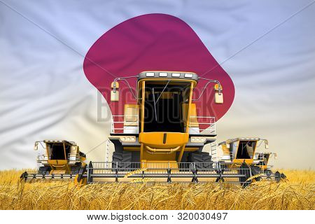 Four Orange Combine Harvesters On Rye Field With Flag Background, Japan Agriculture Concept - Indust
