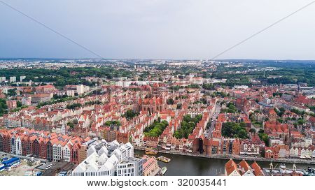 Aerial View Of Gdansk. Landscape Of Gdansk Old City With The Mot Awa River.