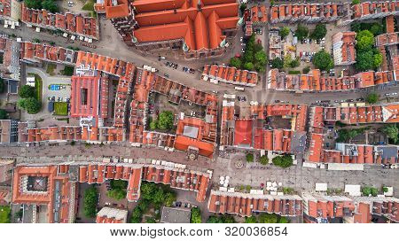 Gdansk, Poland. Aerial Skyline Panorama With Motlawa River, Modern Drawbridge, Concert Hall And All 