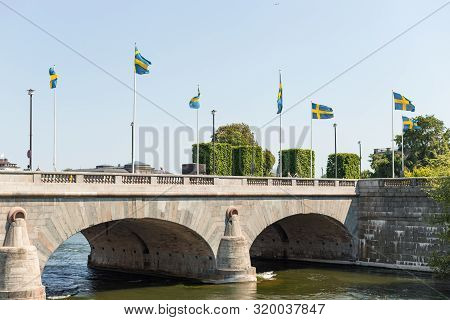 Stockholm, Sweden - June 05, 2019: Norrbro Bridge In Stockholm In Sunny Day, Sweden.