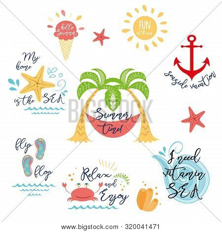 Set Of Tropical Summer Vacation Icons, Logos In Vector Summer Design, Greeting Card