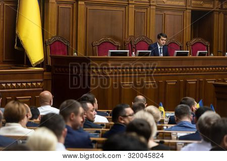 Kyiv, Ukraine - Aug. 29, 2019: Speaker Of The Verkhovna Rada Of Ukraine Dmytro Razumkov Uring The Se