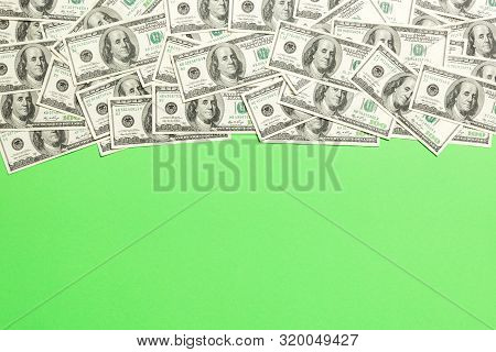 Dollar Bills A On A Light Colored Background. Copy Space, Top View Business Concept
