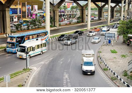 Pathum Thani, Thailand - June 30 2019: Many Car, Bus And Motorcycle Cause Traffic Jams At Rangsit-pa