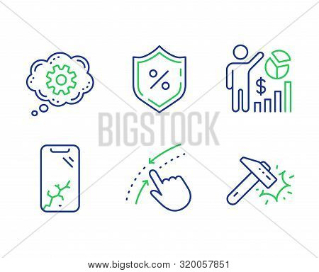 Smartphone Broken, Loan Percent And Seo Statistics Line Icons Set. Cogwheel, Swipe Up And Hammer Blo