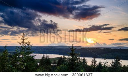 Sunset Over Kielder Water And Forest Park, In Northumberland, Which Has The Largest Man Made Lake In