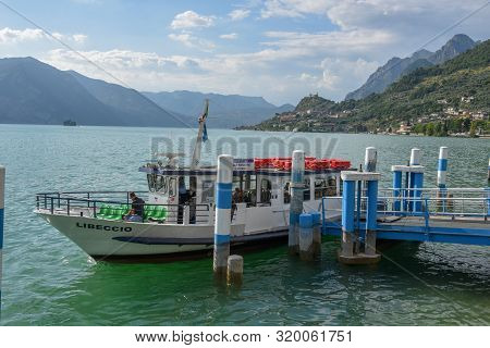 Sale Marasino, Italy - 29 July 2019: Touristic Boat At Sale Marasino On Iseo Lake In Italy