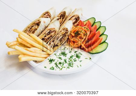 Isolated Shawarma In A Plate With Shadow. Oriental Food Made From Chicken Meat, Tomatoes, Korean Car