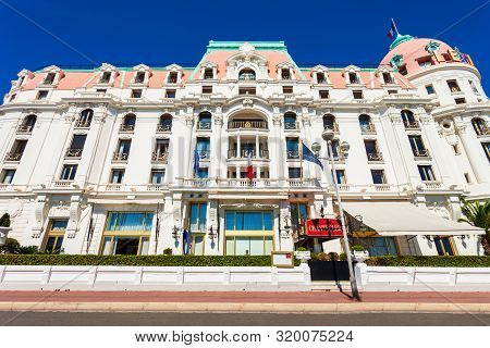 Nice, France - September 27, 2018: The Hotel Negresco And Restaurant Le Chantecler On The Promenade 