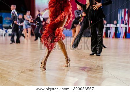 Feet Woman Dancer In Red Dress With Fringe Dancing Latino Program