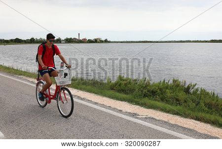 Young Boy Rides Bike On The Road In Summer