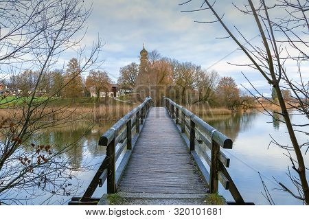 Wooden Bridge Over The Lake In Seeon-seebruck, Germany