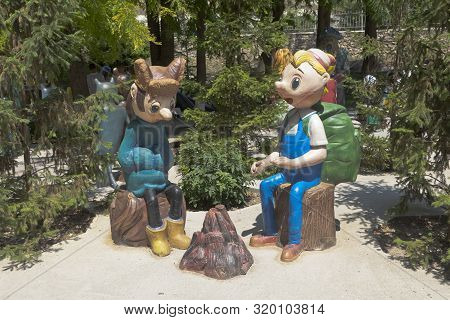 Bakhchisaray, Crimea, Russia - July 22, 2019: Cartoon Characters Oh And Ah Go Camping In The Bakhchi