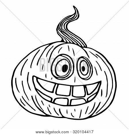Halloween Pumpkin With A Wide Smile Sketch, Black Outline Isolated, Illustration For Design And Deco