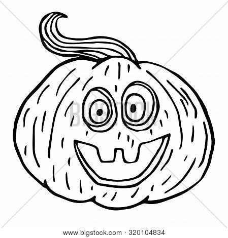 Halloween Pumpkin Sketch, Black Outline Isolated, Vector Illustration For Design And Decora