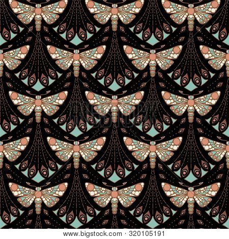 Seamless Art Nouveau Pattern With Moth On Black Background