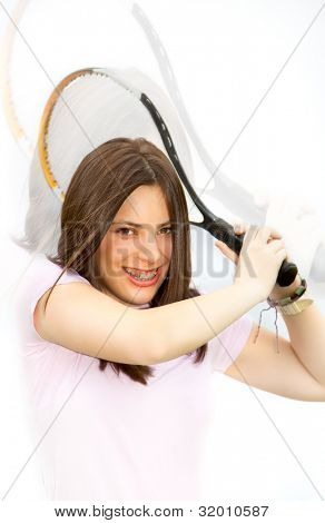 Vurmak için hazır! Tenis oyuncu raket Tenis topu vurmak için hazır.