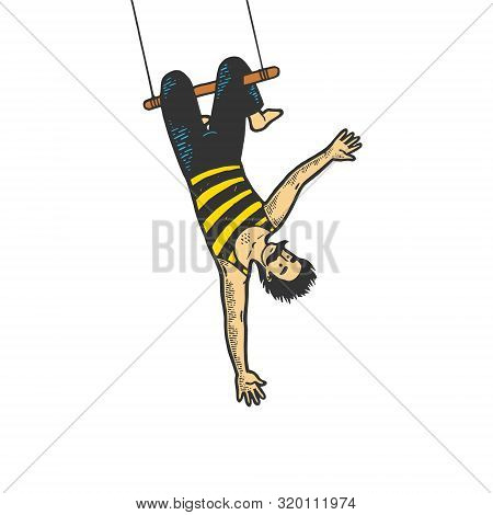 Circus Acrobat Hanging On Trapeze Performance Color Sketch Line Art Engraving Vector Illustration. T
